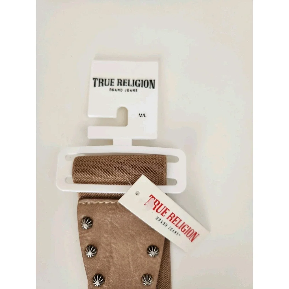 True Religion Women's Stretch Studded‎ Corset Belt Adjustable Beige Size M/L